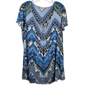 Oneworld Blue No-Iron Slinky Stretch Knit Babydoll Waist Rhinestone Top Plus 1X